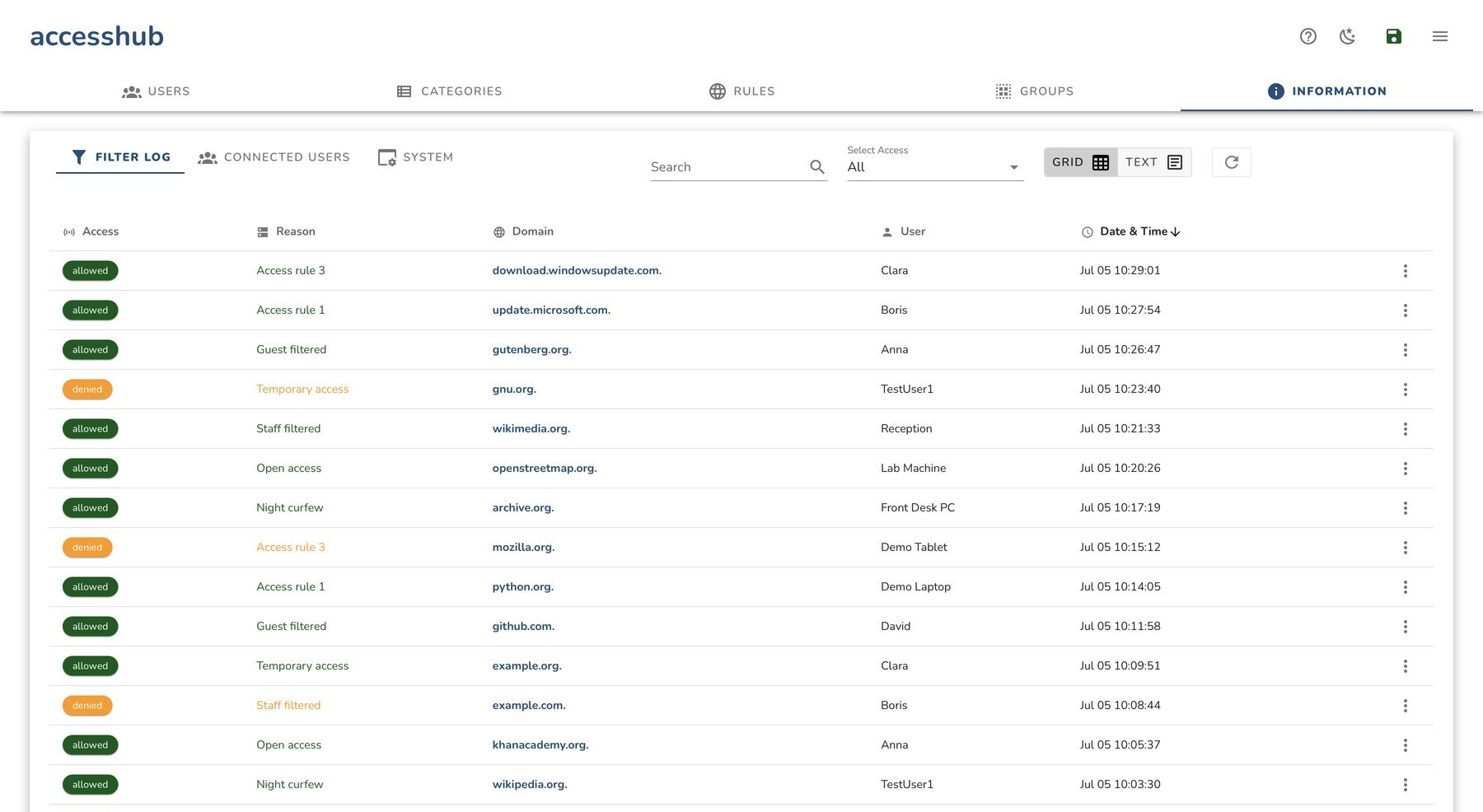 The AccessHub live filter log