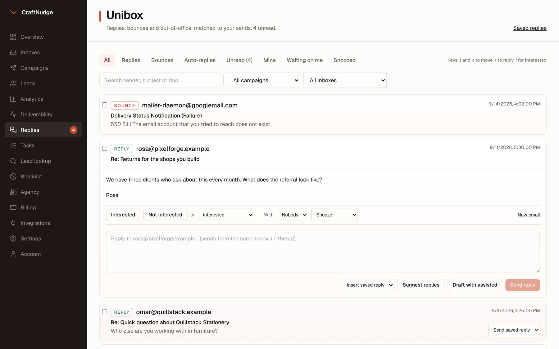 The CraftNudge replies inbox, each message matched to the send that caused it